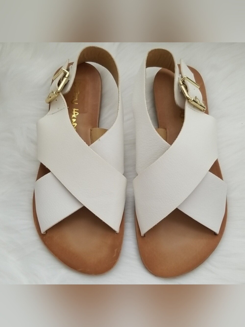 Dirty Laundry White Crisscross Slingback Leather Sandals with Gold Buckle Accent